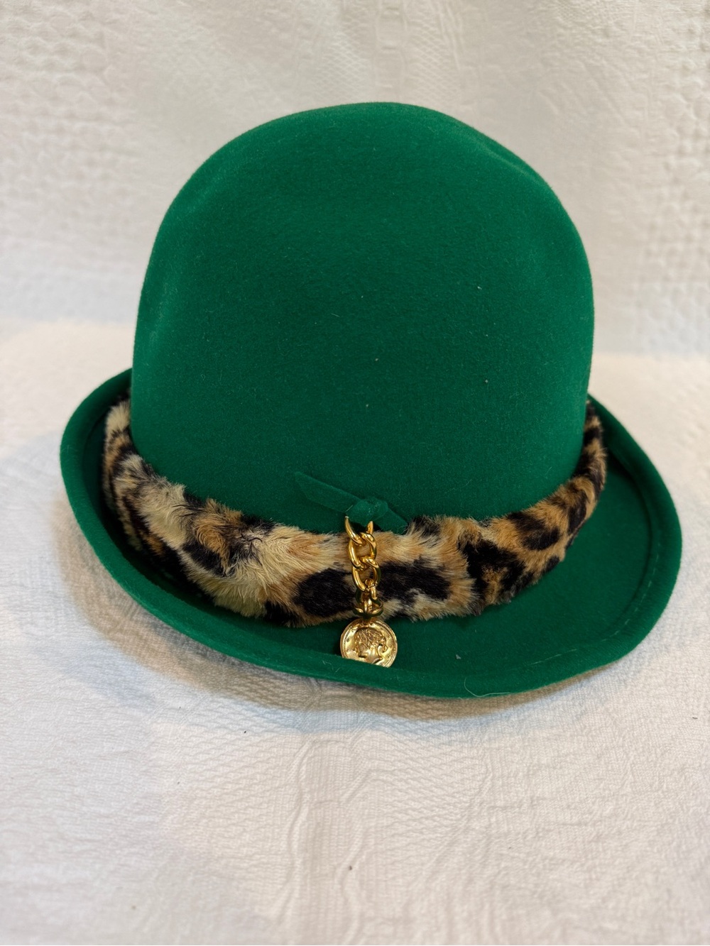 Vtg Frank Olive Green Wool Bowler Hat w/ Leopard Trim & Gold Charm